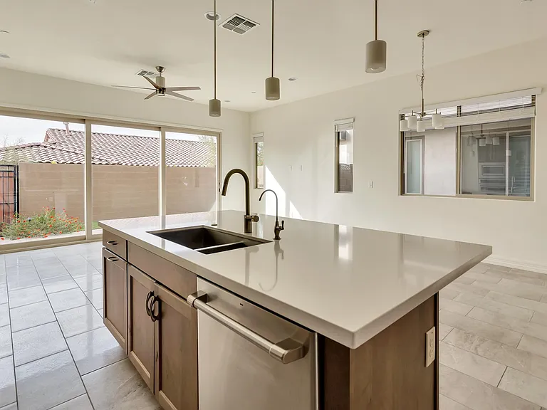 Pendant lighting and great natural light.