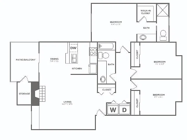 Floor plan Three Bedroom / Two Bath (1109 SF)