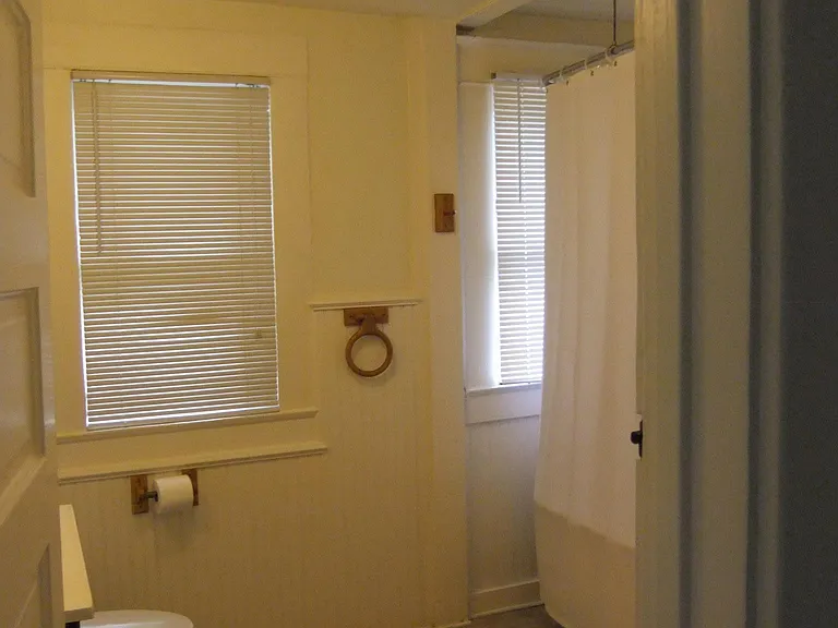 Partial view of bathroom, toilet, and claw foot tub and shower over tub.