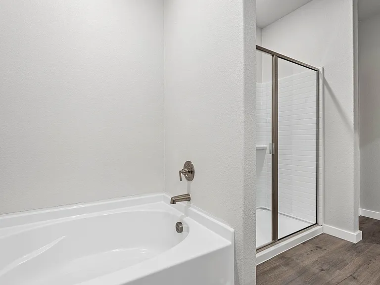 The master bathroom has a garden tub and glass, walk-in shower.