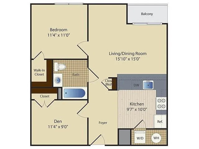 Floor plan One Bedroom One Bath with Den (755 SF)