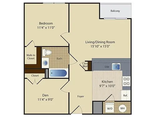 Floor plan One Bedroom One Bath with Den (755 SF)