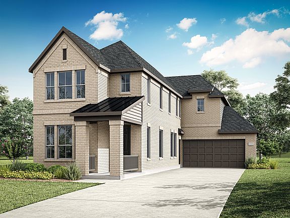 A two-story residential house with a garage, surrounded by lush greenery and a clear blue sky with f