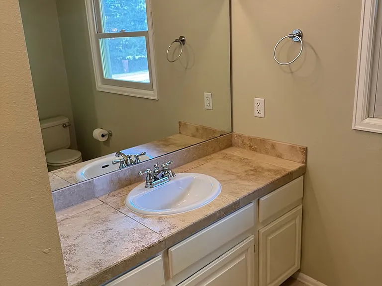 Hallway bathroom with plenty of counter space