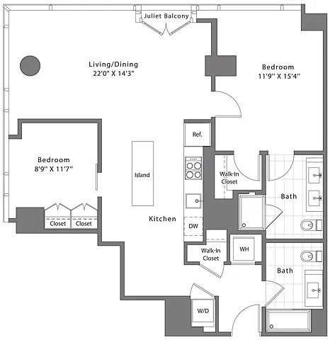 Floor plan 1 Bed - 2 Bath | AD01A (Den)