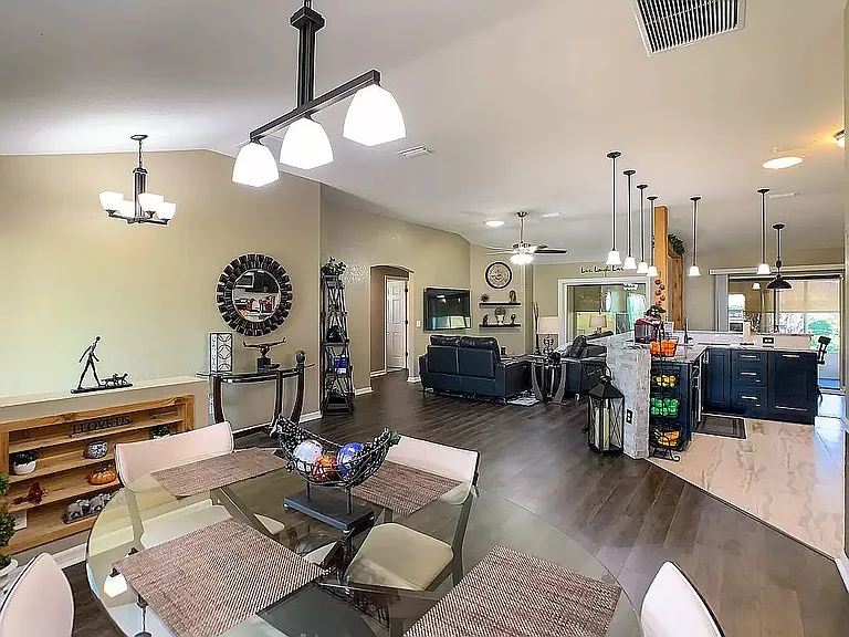 Dining room looking into Living room and bar