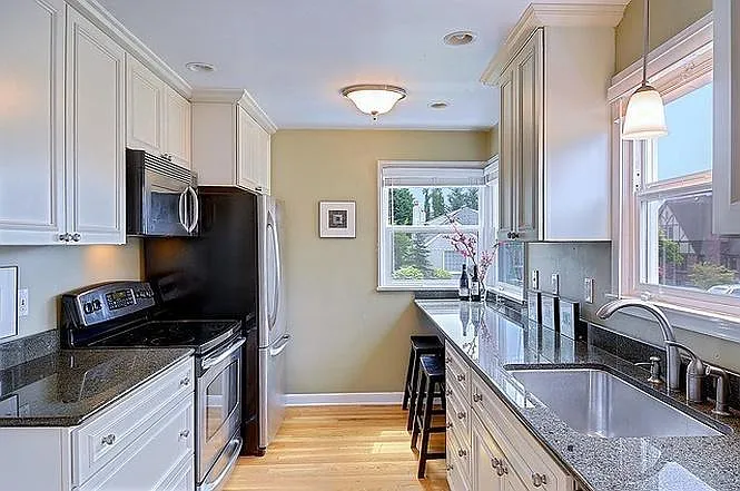 Kitchen with stainless appliances.