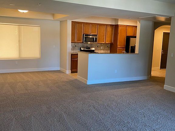 Great room, new carpet, kitchen, dining area & front door entry view