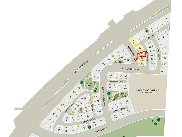 Community Map. Note parks and community center and walking/biking trail along creek on Nevada.