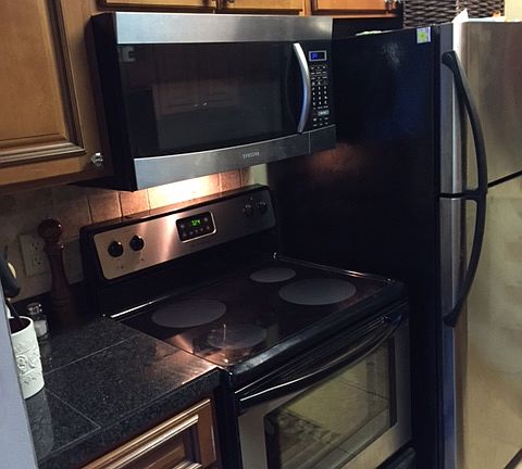 Range, fridge, microwave