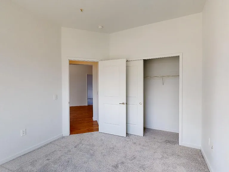 Spacious apartment bedroom with plush carpet flooring.