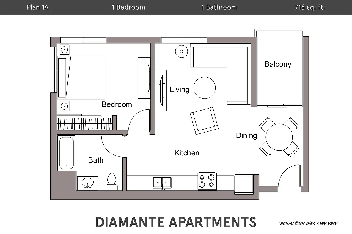 Floor plan Plan 1A - 1 Bedroom, 1 Bath