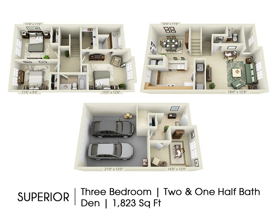 Floor plan Superior Townhome with Den + 2-Car Garage