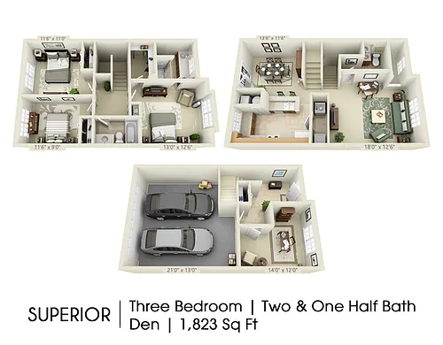 Floor plan Superior Townhome with Den + 2-Car Garage