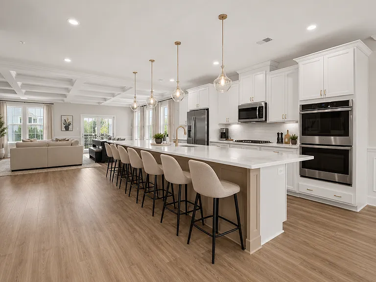 Kitchen with extra long island (photo is virtually staged)
