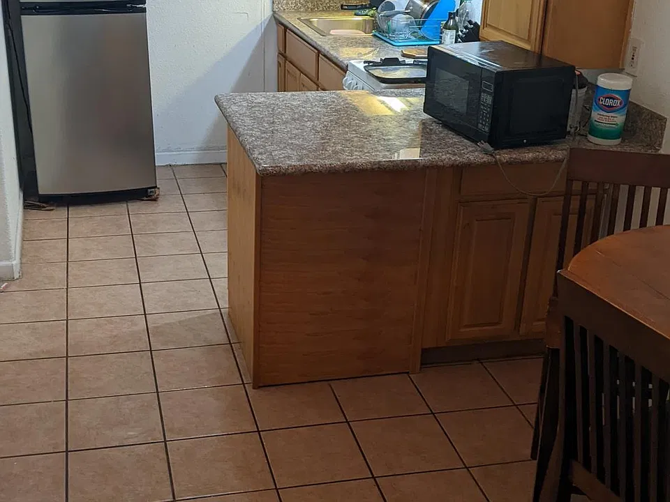 kitchen and eating area