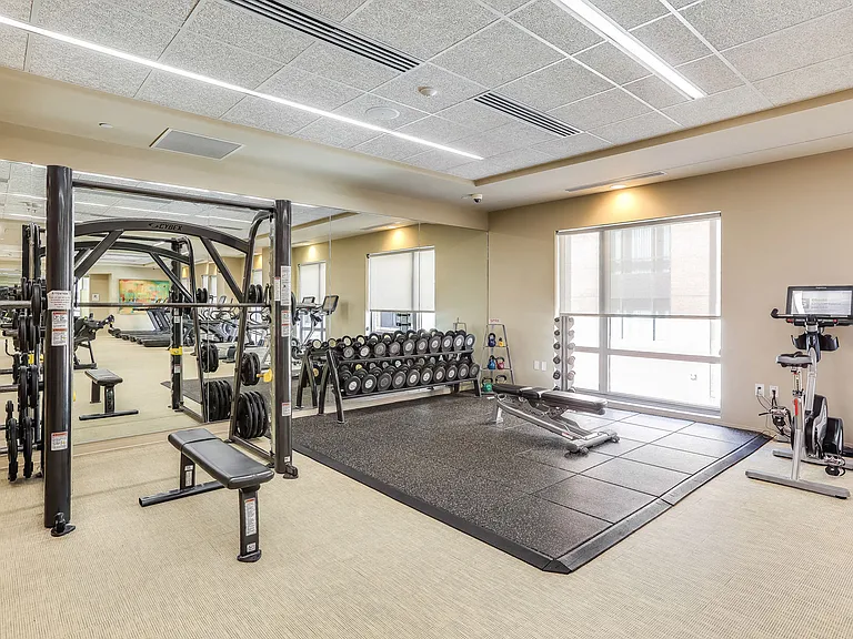 24/7 fitness center with free weights, cardio and rowing machines