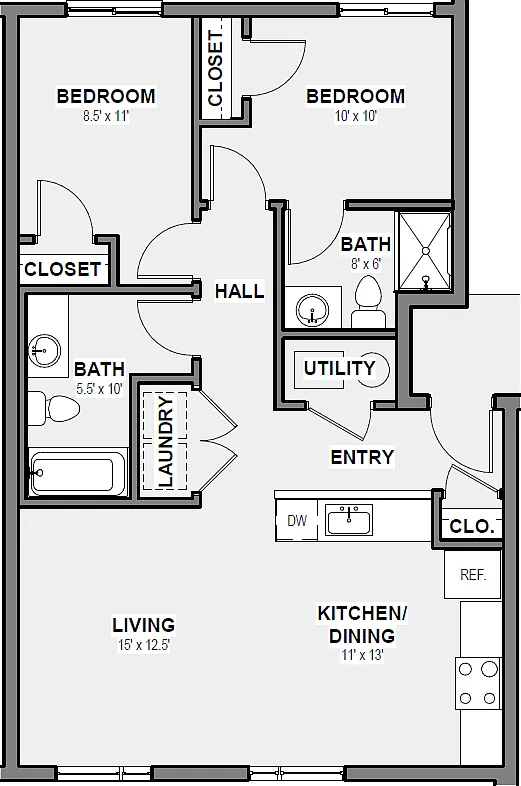Floor plan 2 Bed 1 Bath 2nd Floor