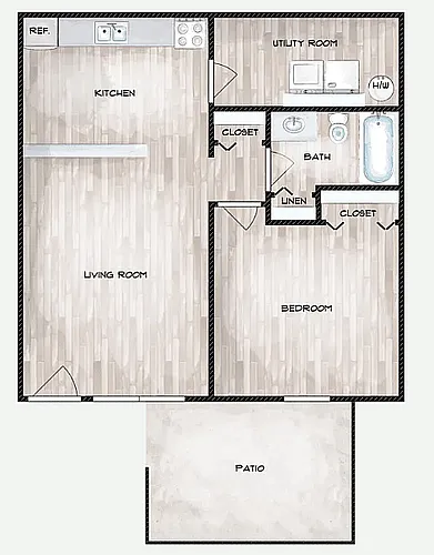 Floor plan Gold One Bedroom, One Bath