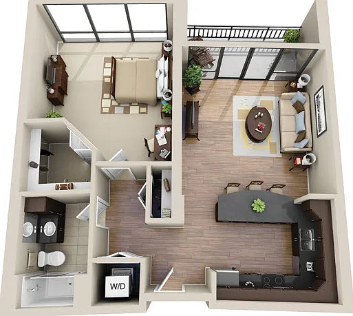 848-990 square foot 1 bed apartment with 1 bath luxury vinyl tile floors and private balcony