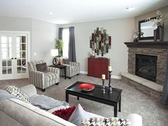 Corner Gas Fire Place With Scoped Espresso Mantel, Stone Front & Hearth