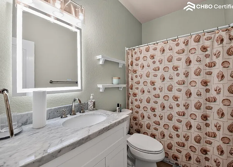 2nd bath with updated vanity, mirror, and shower head