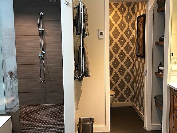 Huge shower & Teak vanity