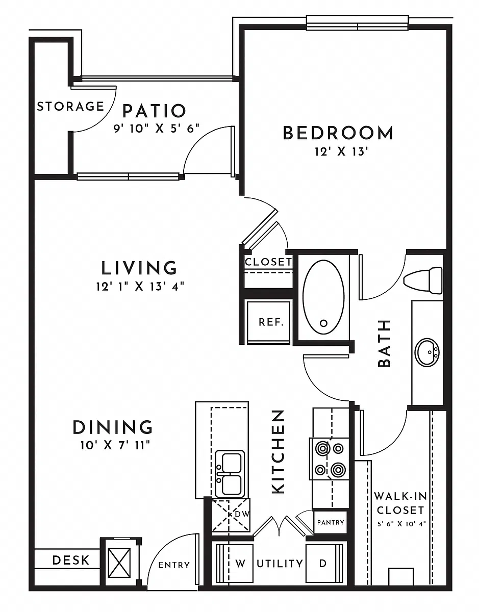 Floor plan 1BR 1BA (728 SF)