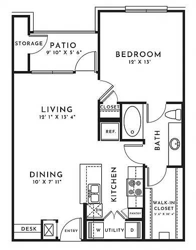 Floor plan 1BR 1BA (728 SF)
