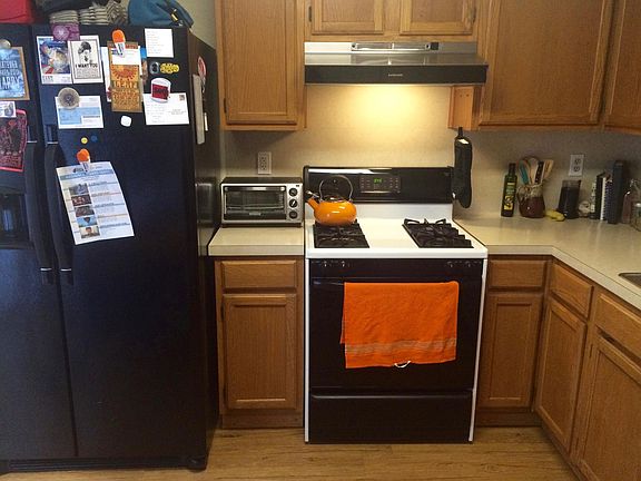 Matching black fridge, gas stove and range, and dishwasher (