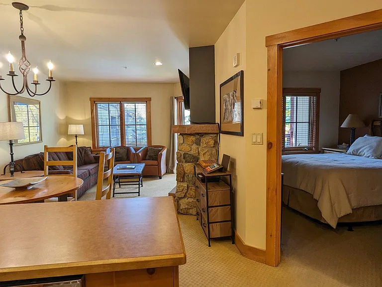 The bedroom is separated from the restroom so guests can access it at any time.