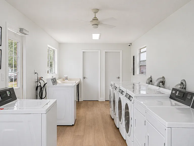 Bright and spacious laundry room featuring multiple washing and drying machines, modern laminate flooring, and ample natural light.