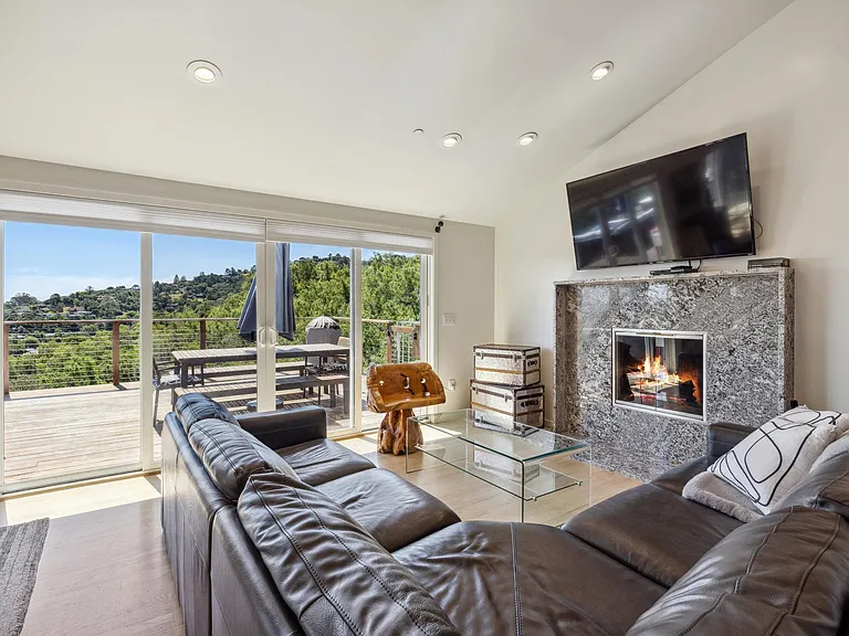 Living, fireplace, upper deck