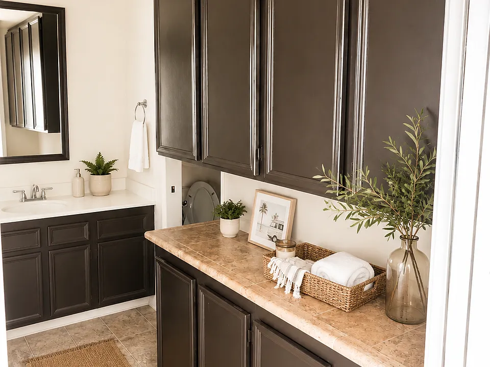 Well-appointed bathroom with ample counter space, rich cabinetry, and plenty of storage to keep everything organized.