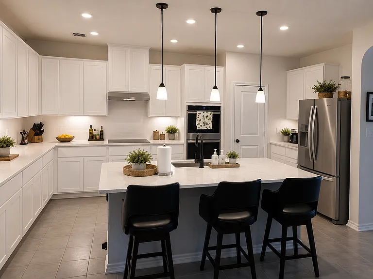Bright kitchen with Double ovens, glass cooktop and dine at bar top!