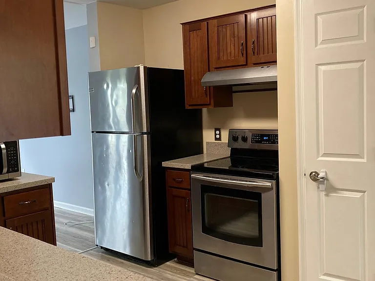 Kitchen stove and fridge with extractor fan