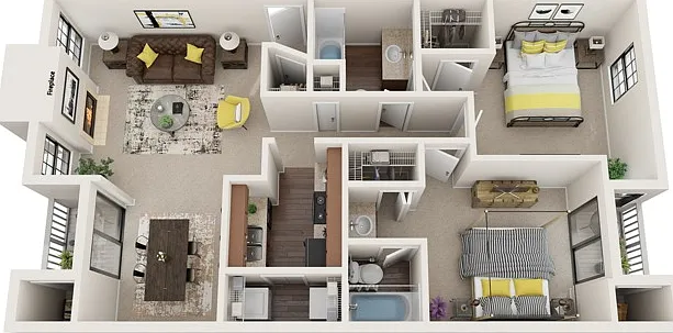 Two Bedroom, Two Bathroom, 972 sqft, Two Patios/Balconies, Full-Size Washer/Dryer Connections, Fireplace in Selected Units Two Bedroom, Two Bathroom, 972 sqft, Two Patios/Balconies, Full-Size Washer/Dryer Connections, Fireplace in Selected Units