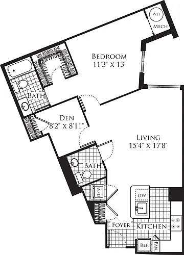 Floor plan 1 Bedroom with Den 949