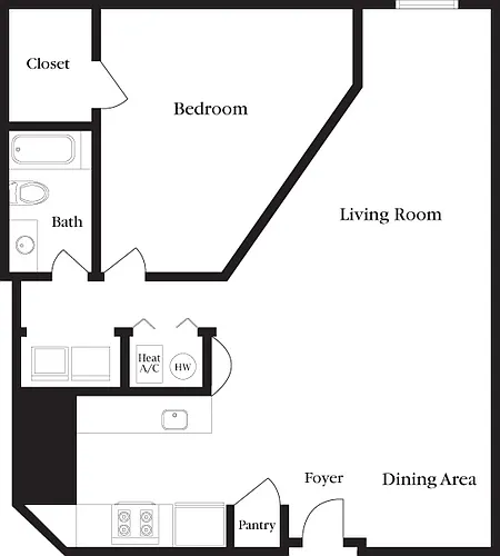 Floor plan C-W One Bedroom, One Bathroom