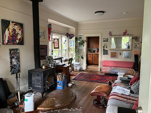 Bungalow main room with woodstove