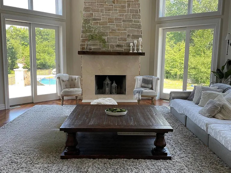 Family room with wood burning fire place