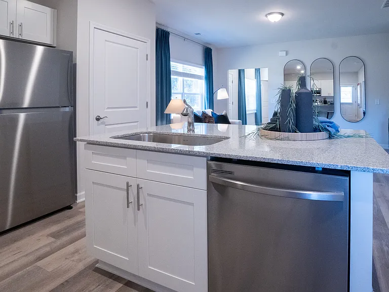 Kitchen island with stainless steel dishwasher and under mounted sink.