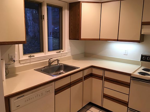 Kitchen with new faucet, garbage disposal, and vent hood.