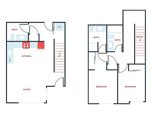 Floor plan 2 Bed, 3 Bath - Apt A Townhouse
