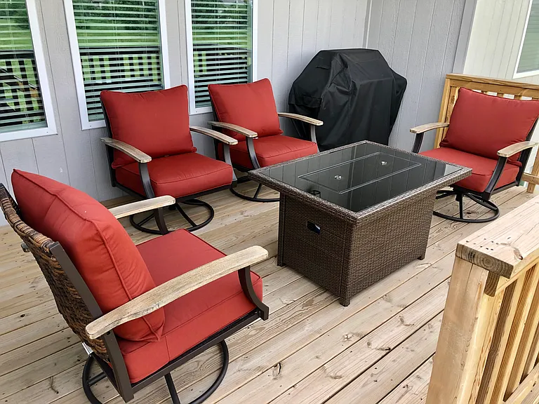 Deck chairs, firetable, and grill