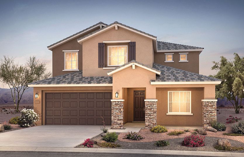 Two-story Trento floorplan shown in Elevation B with a two-car garage and stunning stone accents.