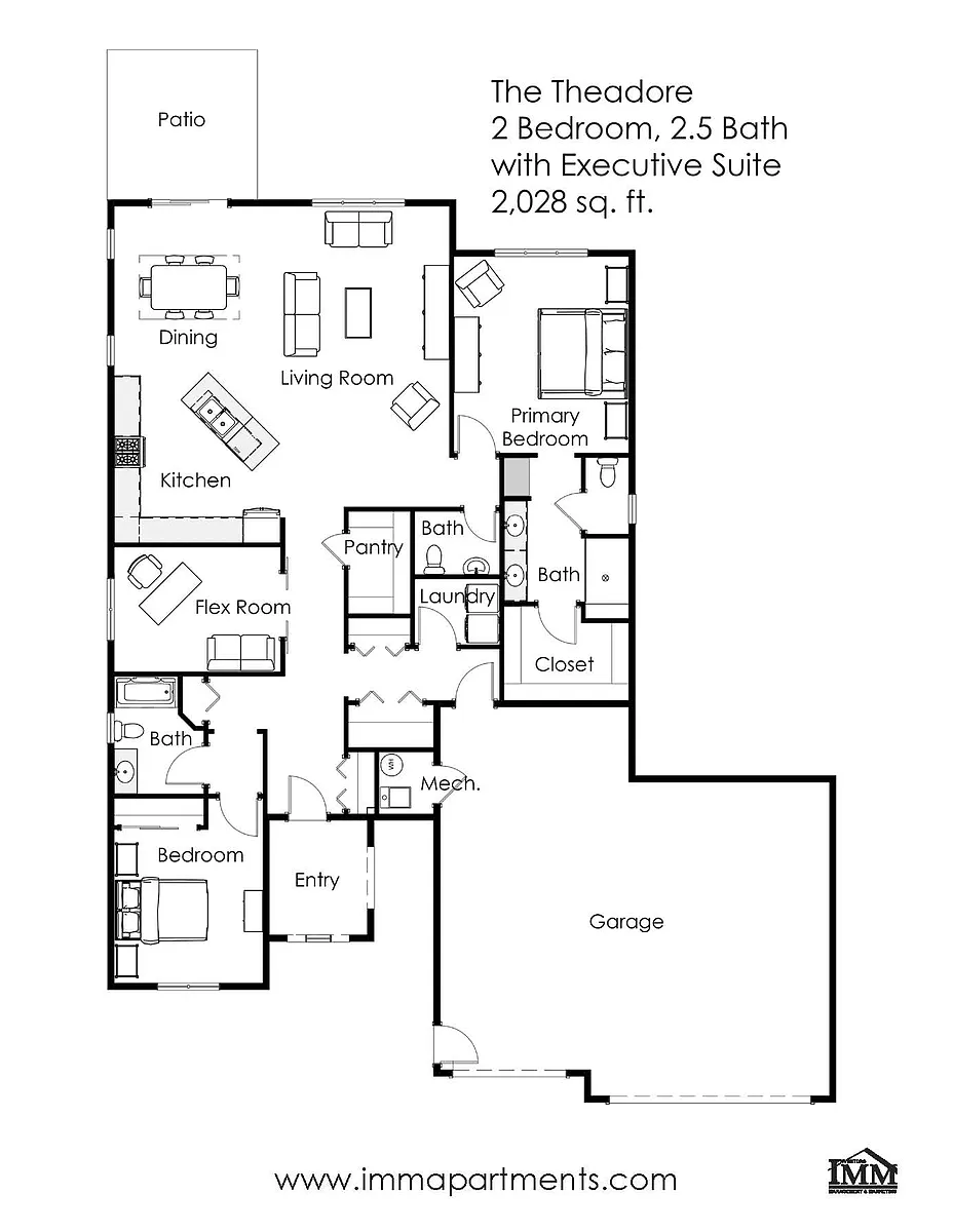 Floor plan 2 Bed / 2.5 Bath wEx. Suite 2,028 sq. ft. Theadore