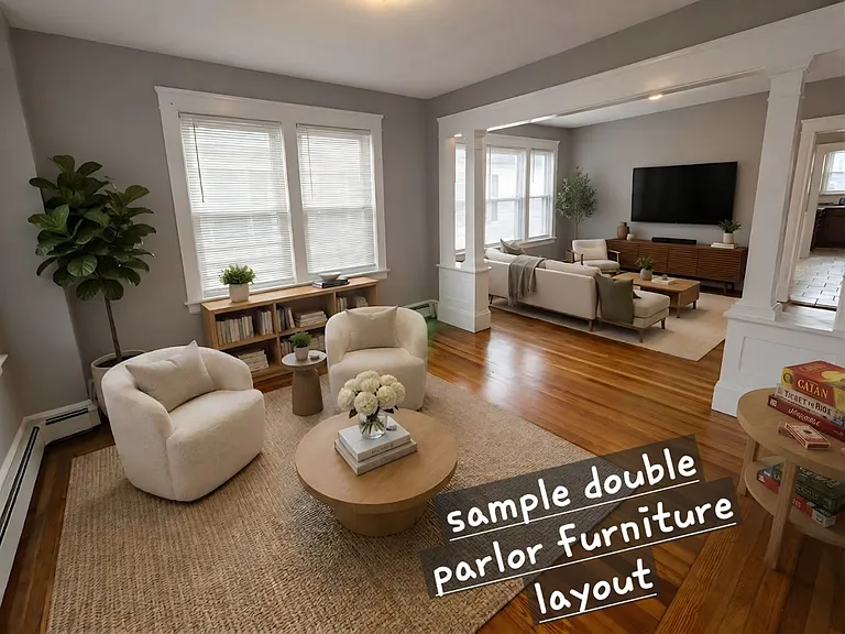 Welcoming front entrance into your double parlor. AI Sample image to showcase some furniture layout options. Furniture not to scale.