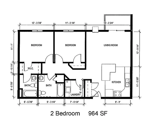 Floor plan 2 Bed 2 Bath | 964 sqft