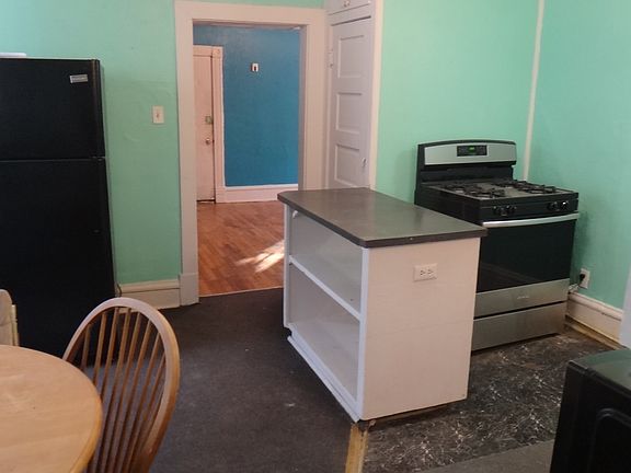Kitchen- large fridge clean with new condenser motor installed last month, brand new stove in corner, large pantry and microwave.